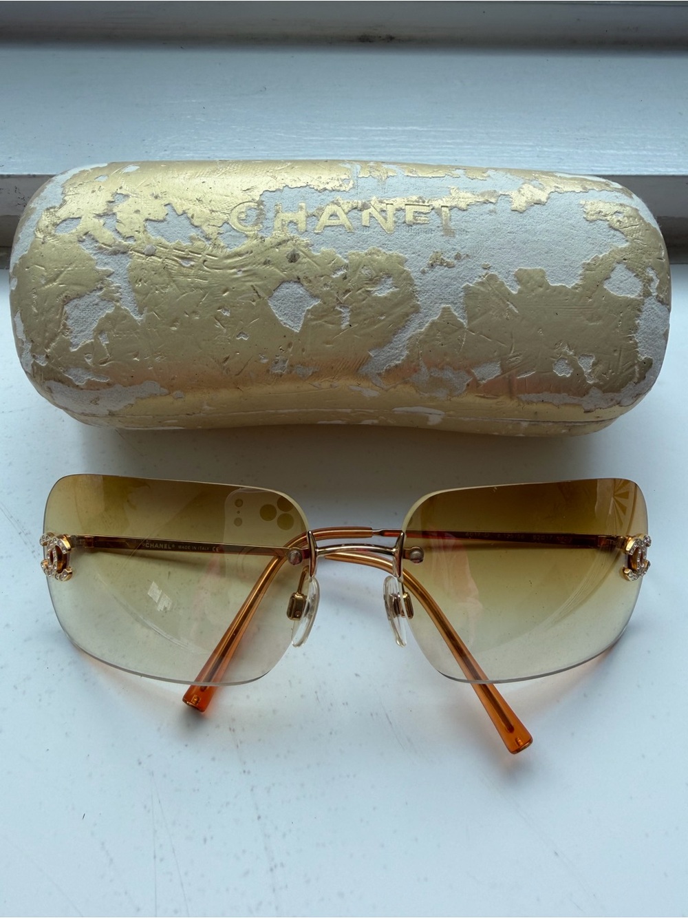 Auth CHANEL 4017-D Rimless Sunglasses CC Logo Rhinestone Gold Vintage Y2K Rare - Picture 3 of 14